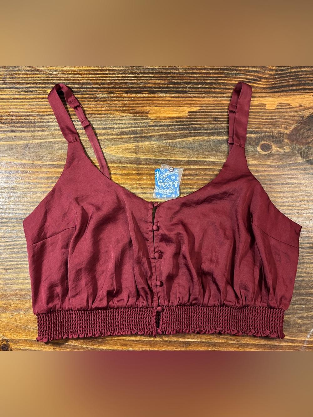 NWT Free People You Honey Brami Top
Burgundy Satin Cropped Smocked Large Fall